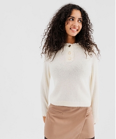 GEMO Pull à col boutonné et dentelle femme Beige