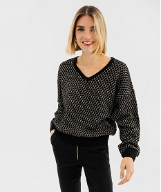 GEMO Pull col V à fil pailleté femme noir standard