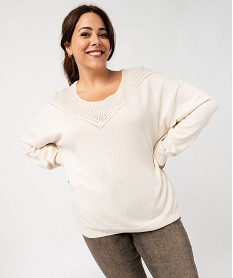 GEMO Pull en fine maille à encolure ajourée fantaisie femme grande taille blanc chine
