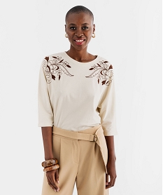 GEMO Tee-shirt manches 34 avec motifs brodés femme Beige