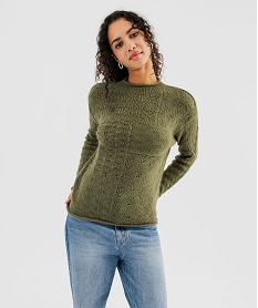 GEMO Pull en maille fantaisie ajourée finitions roulottées femme Vert