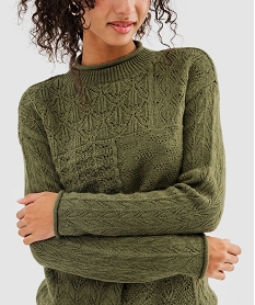 pull en maille fantaisie ajouree finitions roulottees femme vert pullsF663901_2