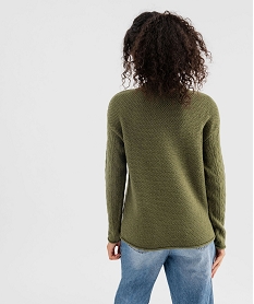 pull en maille fantaisie ajouree finitions roulottees femme vert pullsF663901_3