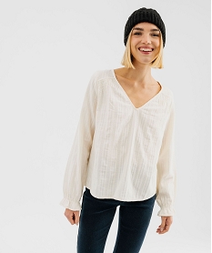GEMO Blouse manches longues froncées à col V femme Beige