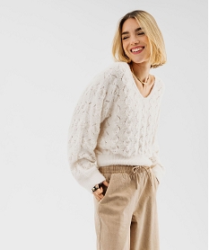 GEMO Pull loose col V en maille ajourée femme blanc chine