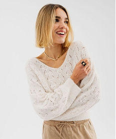 pull loose col v en maille ajouree femme blanc chine pullsF666801_2