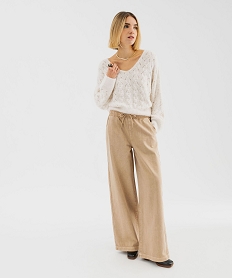 pull loose col v en maille ajouree femme blanc chine pullsF666801_4