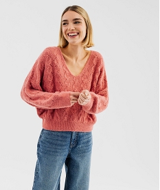 GEMO Pull loose col V en maille ajourée femme rose standard