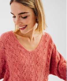 pull loose col v en maille ajouree femme rose pullsF666901_4