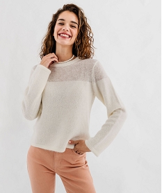 GEMO Pull en maille fine à col rond femme Blanc