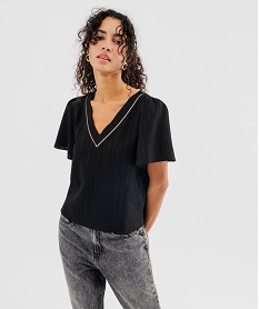 GEMO Blouse à manches courtes et grand col V en matière froissée femme Noir