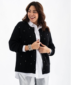 GEMO Gilet en maille torsadée avec perles femme grande taille Noir
