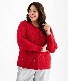GEMO Gilet en maille torsadée avec perles femme grande taille Rouge