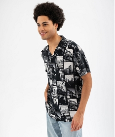 GEMO Chemise manches courtes fluide et imprimée à col cubain homme noir standard