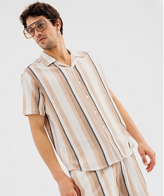 GEMO Chemise manches courtes et col cubain à rayures homme beige standard