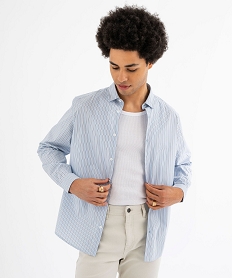 chemise manches longues rayee en coton coupe droite homme bleu standard chemise manches longuesG421801_2