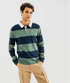 GEMO Polo rayé à manches longues avec col chemise homme Vert