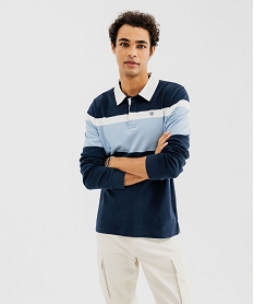 GEMO Polo à manches longues tricolore avec col chemise homme Bleu