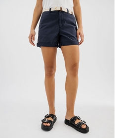 GEMO Short ample en coton stretch avec ceinture tressée femme Bleu