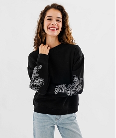 sweat en molleton doux a manches brodees femme noir standard sweatsG440501_2
