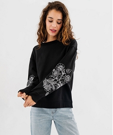 sweat en molleton doux a manches brodees femme noir standard sweatsG440501_4
