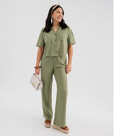 pantalon large en viscose et lin femme vert standard pantalonsG450401_4