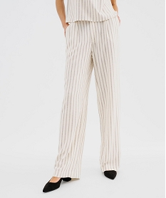 pantalon large a rayures en viscose et lin femme beige pantalonsG450501_4
