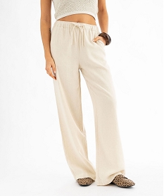 pantalon large en viscose et lin avec taille elastiquee femme beige standard pantalonsG451701_4