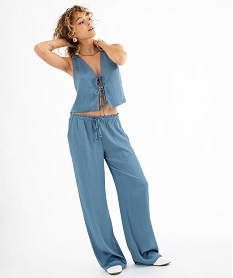 pantalon large et fluide en satin froisse femme bleu standard pantalonsG452001_4