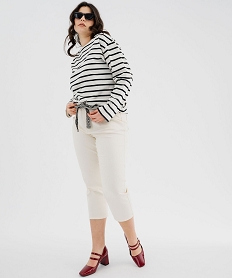 pantacourt slim taille haute en coton stretch avec ceinture a nouer femme grande taille blanc chine pantacourtsG452901_4