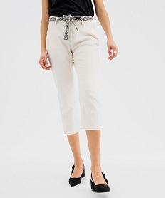 GEMO Pantacourt slim taille haute en coton stretch avec ceinture à nouer femme blanc chine
