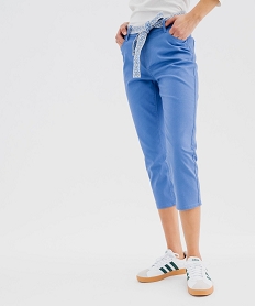 GEMO Pantacourt slim taille haute en coton stretch avec ceinture à nouer femme bleu standard