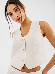 gilet de costume sans manches en viscose et lin femme beige standard vestesG458701_2