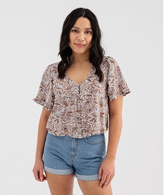 GEMO Blouse imprimée à manches courtes coupe courte femme Brun