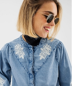 chemise en jean manches longues coupe large a broderies femme bleu chemisiersG461401_2