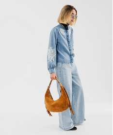 chemise en jean manches longues coupe large a broderies femme bleu chemisiersG461401_4