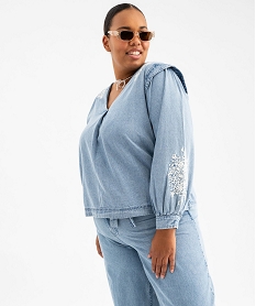 blouse en jean a manches longues et broderies femme grande taille bleu standard blousesG464501_4