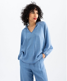 GEMO Blouse à manches longues en Lyocell femme bleu standard