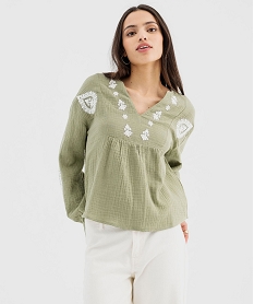 GEMO Blouse manches longues en double gaze brodée femme kaki standard
