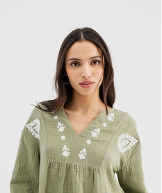 blouse manches longues en double gaze brodee femme kaki standard blousesG465801_2