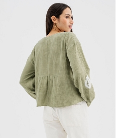 blouse manches longues en double gaze brodee femme kaki standard blousesG465801_3