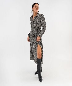 robe chemise longue a manches longues en satin imprime femme noirG468001_4