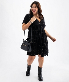 GEMO Robe midi en viscose froissée à col V et manches courtes femme grande taille Noir