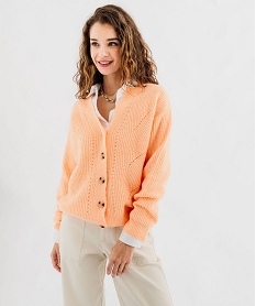 gilet col v en maille ajouree femme orange standard giletsG472301_2