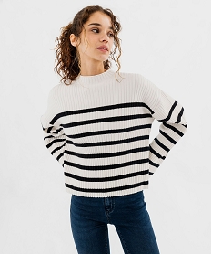 GEMO Pull rayé en maille côtelée à col rond femme Beige