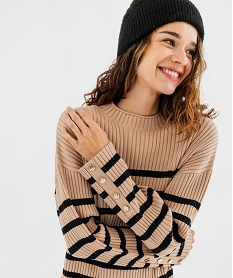 GEMO Pull rayé en maille côtelée à col rond femme Brun