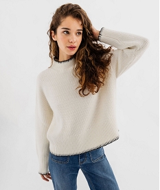 GEMO Pull court coupe large en maille fantaisie femme blanc chine