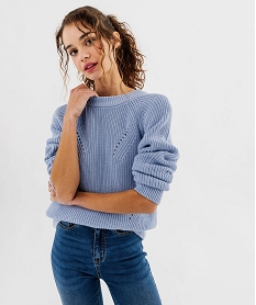 GEMO Pull en coton avec maille ajourées sur l’avant femme bleu standard