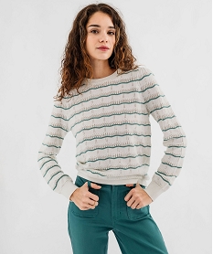 GEMO Pull rayé en maille ajourée femme blanc chine