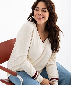 GEMO Pull en maille fine à col V fantaisie contrastant femme blanc chine
